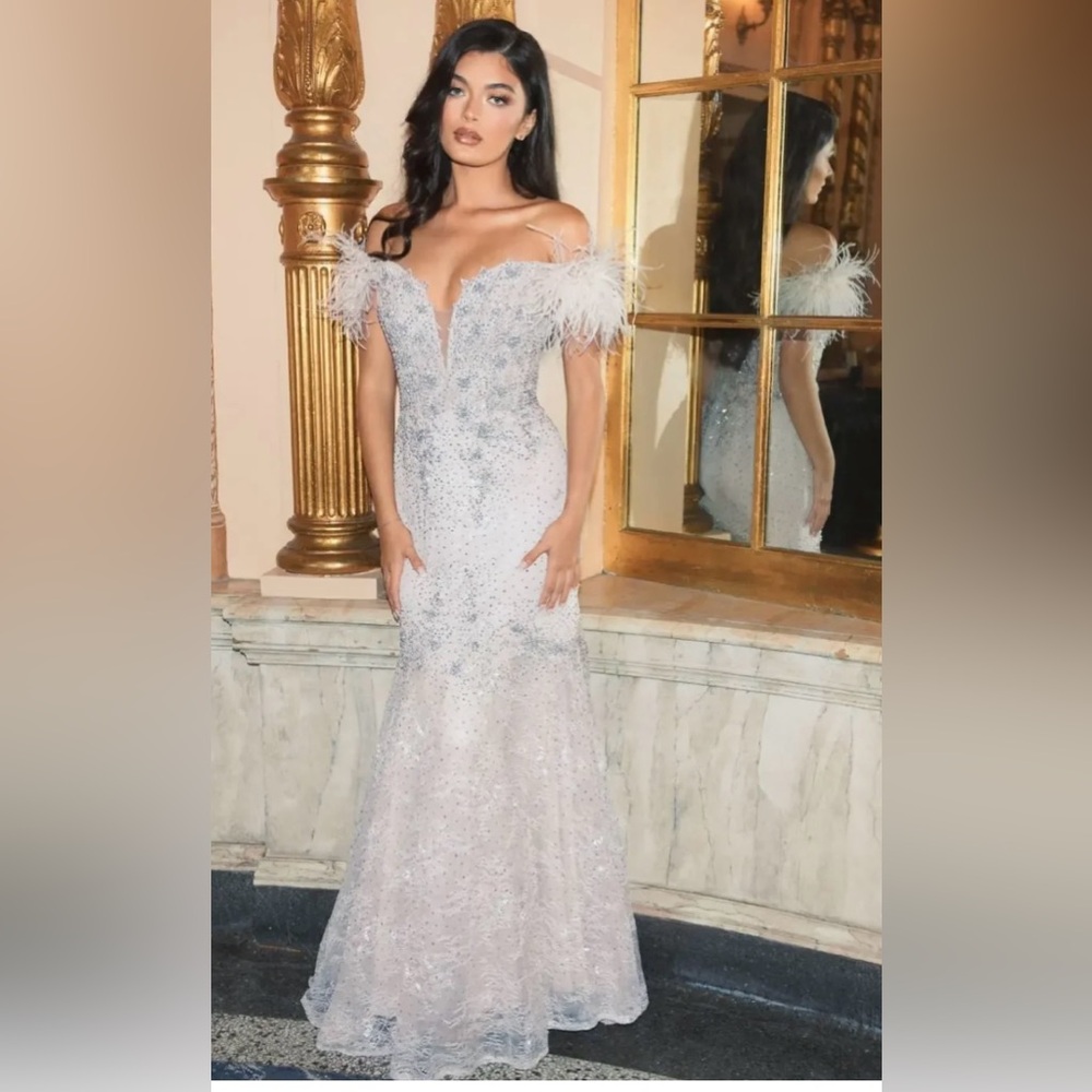 Mac Duggal Silver and Cream Maxi Dress
